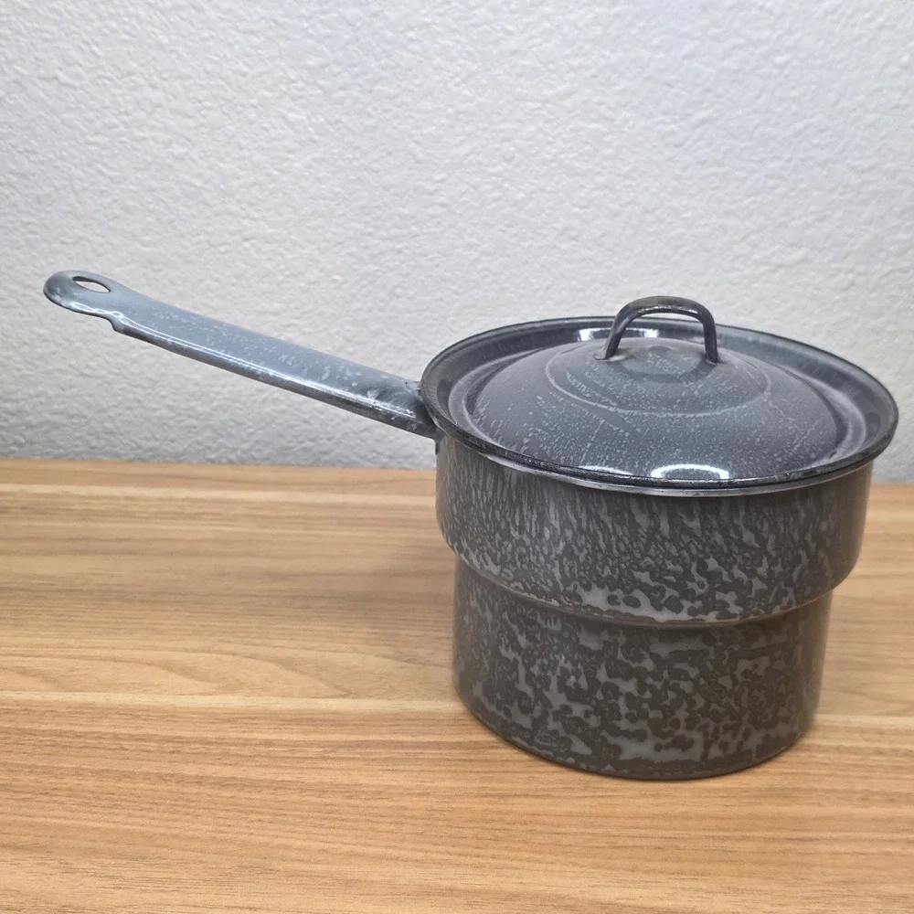 Antique Small Gray Graniteware Enamelware 6 in Saucepan Handled Pot With Lid EUC
